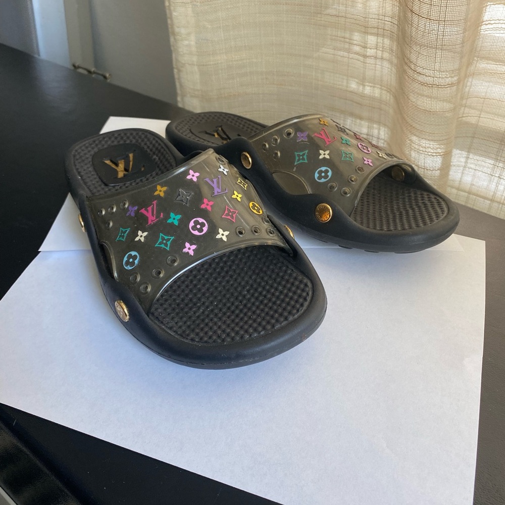 Louis Vuitton Black Slide Sandals Multicolor Logo Murakami 37 spa beach mules 7 - Picture 5 of 7